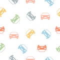 Car colorful seamless pattern. Cute cartoon colored racing cars white background.